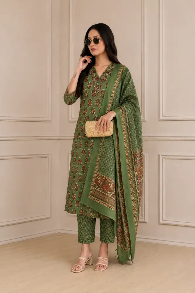 Women’s Cotton Printed Kurta Set with Pants & Dupatta